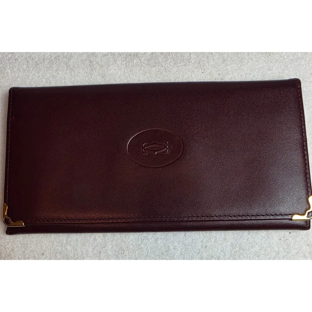 Vintage Must de Cartier Bordeaux Leather Long Flap Wallet Gold Corners Italy 114